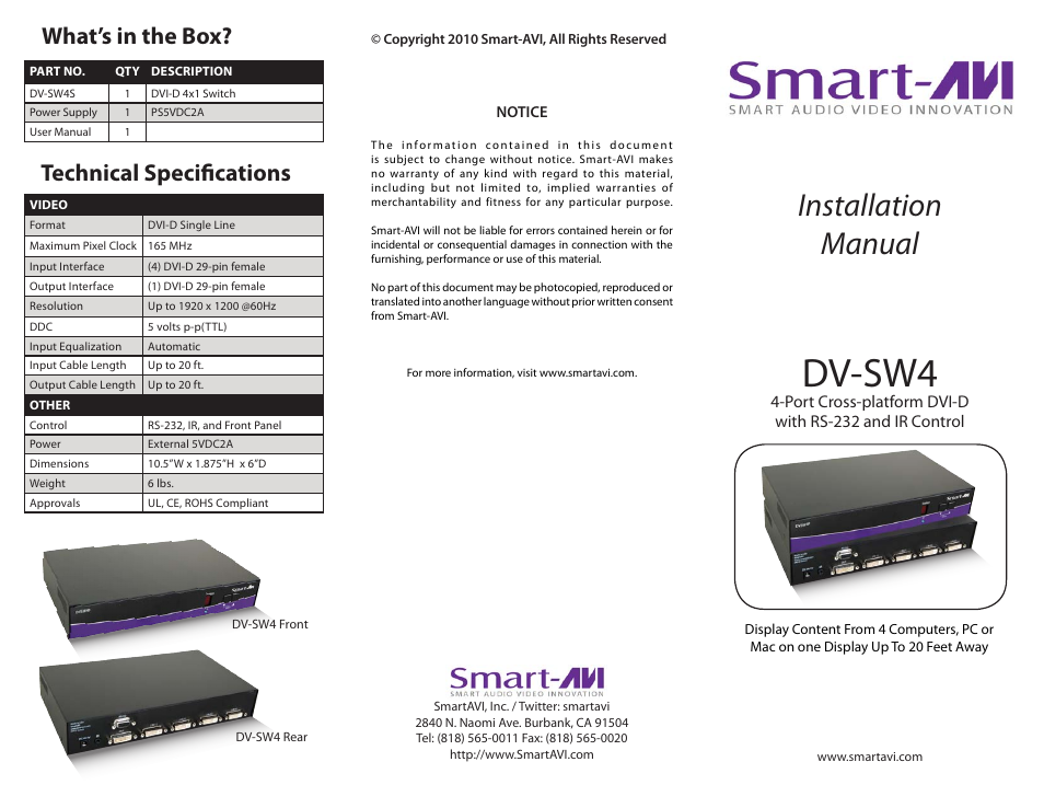 Smart Avi DV-SW4 User Manual | 2 pages