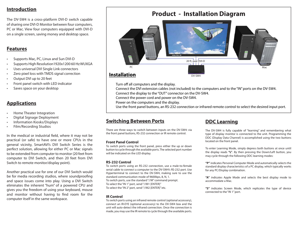 Product - installation diagram, Introduction, Features | Applications, Installation, Switching between ports, Ddc learning | Smart Avi DV-SW4 User Manual | Page 2 / 2