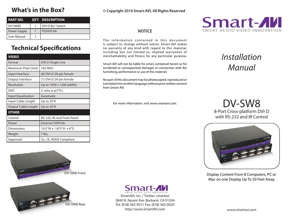 Smart Avi DV-SW8 User Manual | 2 pages