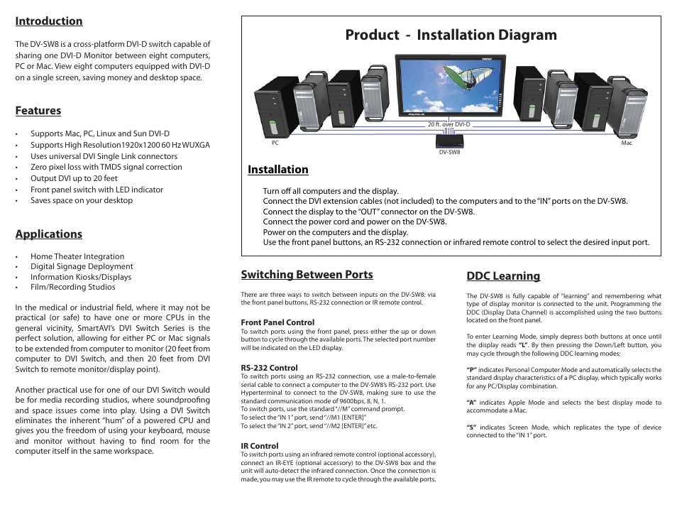 Product - installation diagram, Introduction, Features | Applications, Installation, Switching between ports, Ddc learning | Smart Avi DV-SW8 User Manual | Page 2 / 2
