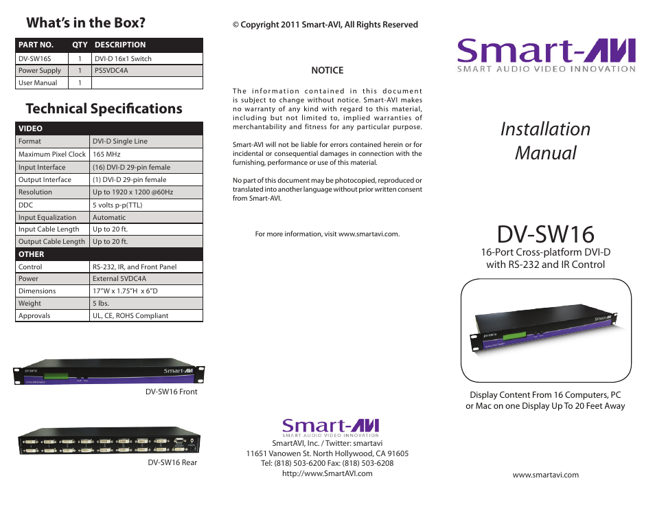 Smart Avi DV-SW16 User Manual | 2 pages