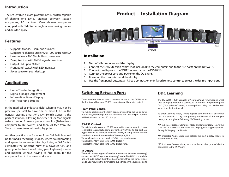 Product - installation diagram, Introduction, Features | Applications, Installation, Switching between ports, Ddc learning | Smart Avi DV-SW16 User Manual | Page 2 / 2
