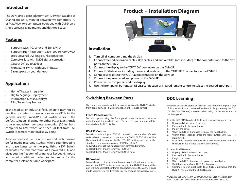 Product - installation diagram, Introduction, Features | Applications, Installation, Switching between ports, Ddc learning | Smart Avi DVN-2P User Manual | Page 2 / 2