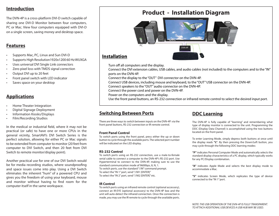 Product - installation diagram, Introduction, Features | Applications, Installation, Switching between ports, Ddc learning | Smart Avi DVN-4P User Manual | Page 2 / 2