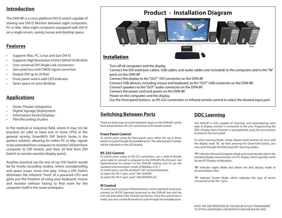 Product - installation diagram, Introduction, Features | Applications, Installation, Switching between ports, Ddc learning | Smart Avi DVN-8P User Manual | Page 2 / 2