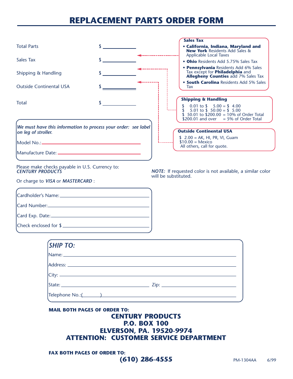 Replacement parts order form, Ship to | Century PM-1016AA User Manual | Page 13 / 40