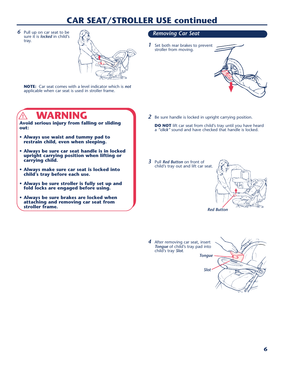 Warning, Car seat/stroller use continued | Century PM-1016AA User Manual | Page 7 / 40