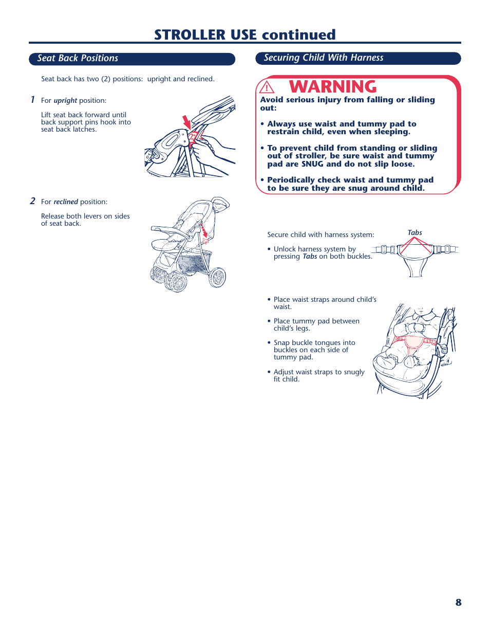 Warning, Stroller use continued | Century PM-1016AA User Manual | Page 9 / 40