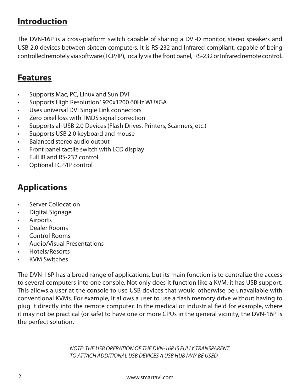 Introduction, Applications, Features | Smart Avi DVN-16P User Manual | Page 2 / 8
