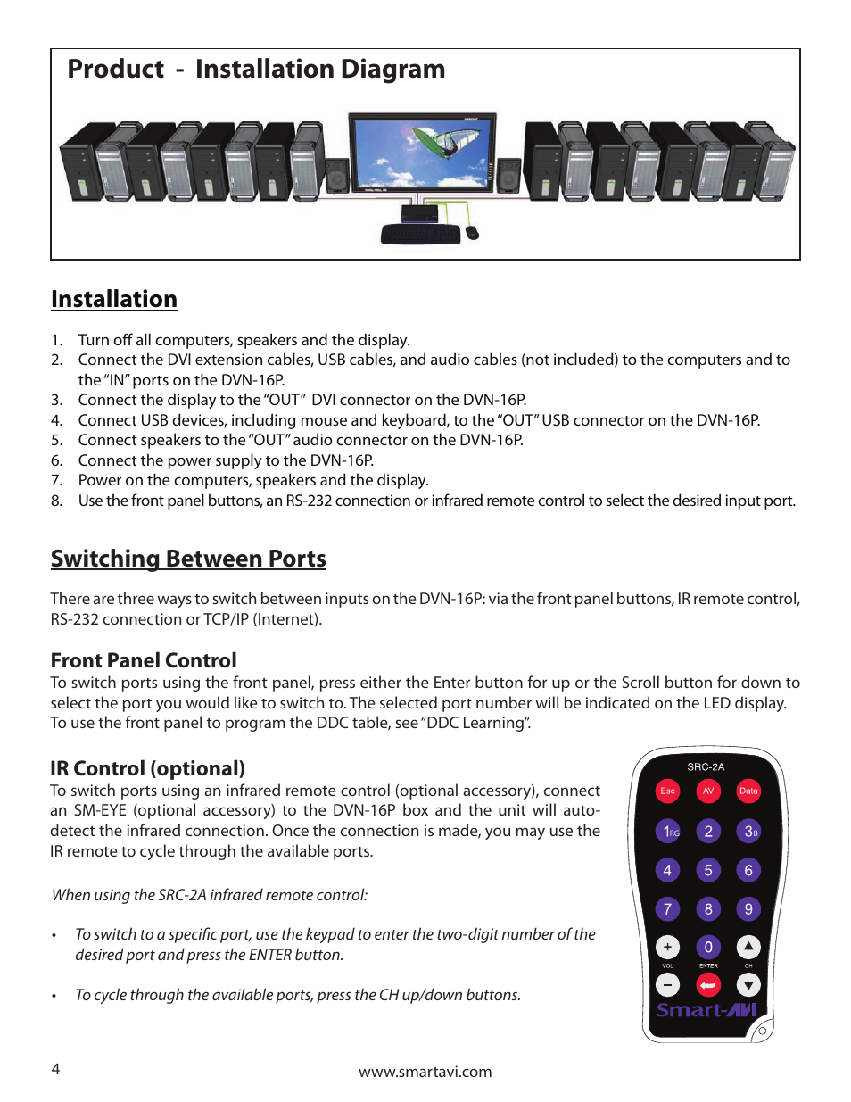 Product - installation diagram, Installation, Switching between ports | Front panel control, Ir control (optional) | Smart Avi DVN-16P User Manual | Page 4 / 8