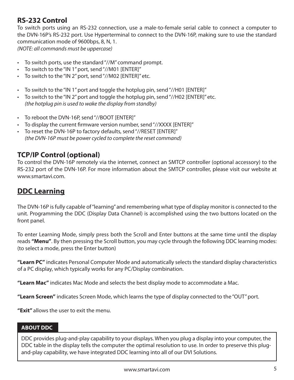Rs-232 control, Ddc learning, Tcp/ip control (optional) | Smart Avi DVN-16P User Manual | Page 5 / 8