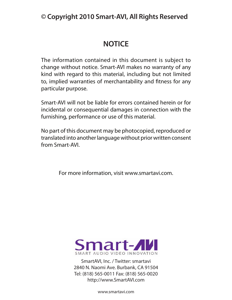 Notice, Copyright 2010 smart-avi, all rights reserved | Smart Avi DVN-16P User Manual | Page 8 / 8