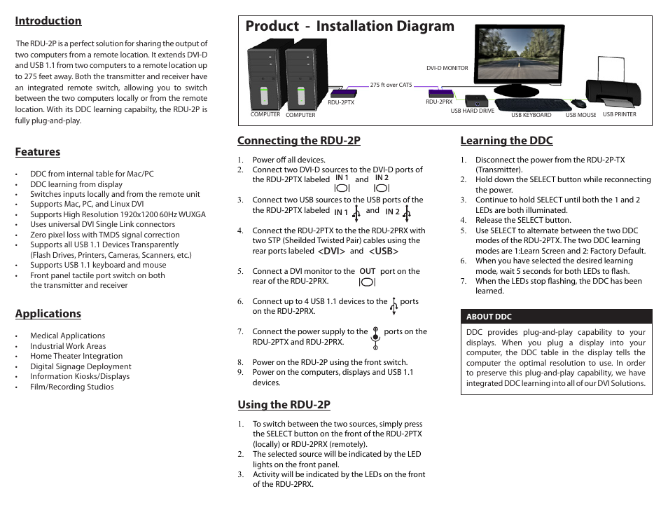 Product - installation diagram, Introduction, Using the rdu-2p | Learning the ddc, Applications, Features, Connecting the rdu-2p | Smart Avi RDU-2P User Manual | Page 2 / 2
