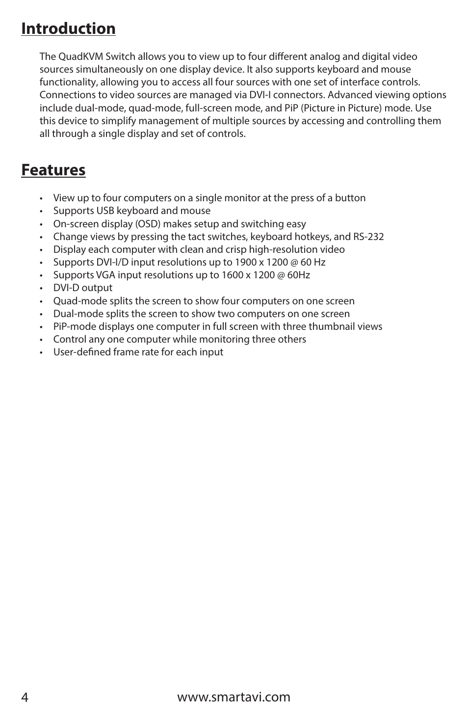 Introduction, Features | Smart Avi QuadKVM User Manual | Page 4 / 12