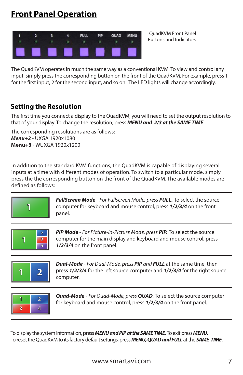 Front panel operation, Setting the resolution | Smart Avi QuadKVM User Manual | Page 7 / 12