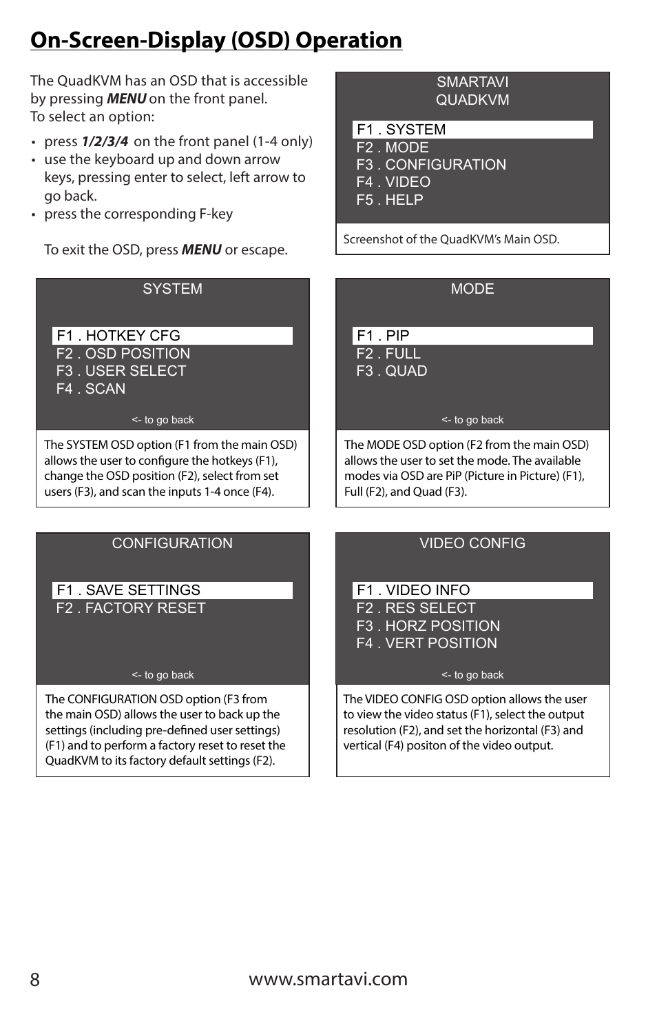 On-screen-display (osd) operation | Smart Avi QuadKVM User Manual | Page 8 / 12