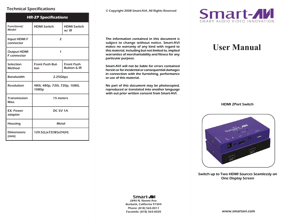Smart Avi HR-2P User Manual | 2 pages