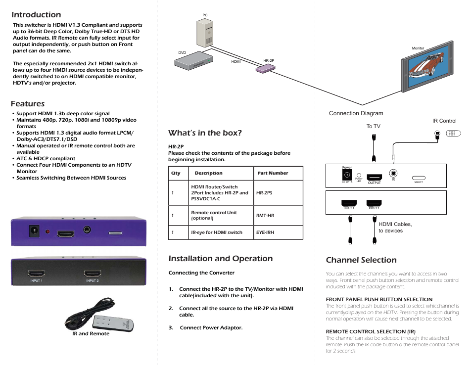 Introduction, Features what’s in the box, Installation and operation | Channel selection | Smart Avi HR-2P User Manual | Page 2 / 2