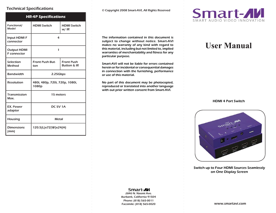 Smart Avi HR-4P User Manual | 2 pages