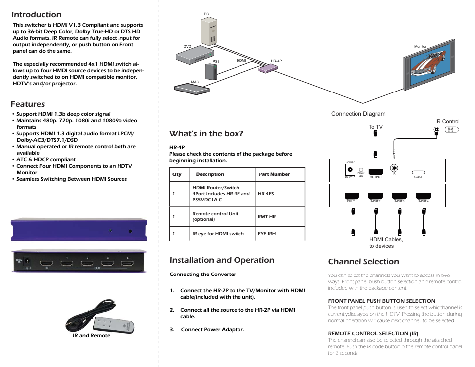 Introduction, Features what’s in the box, Installation and operation | Channel selection | Smart Avi HR-4P User Manual | Page 2 / 2