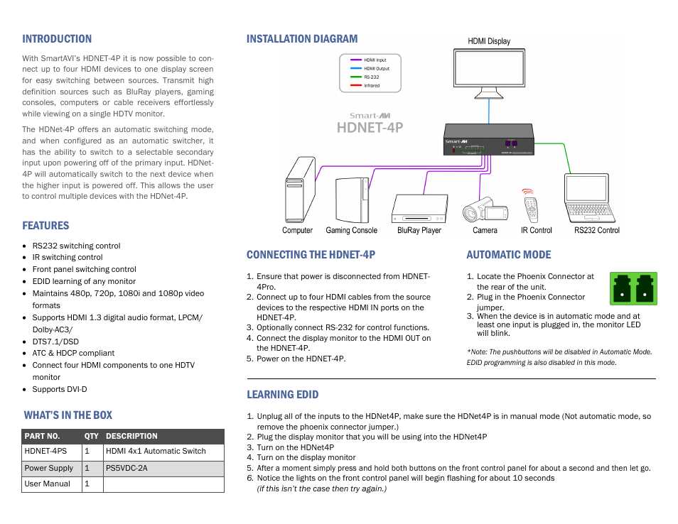 Introduction, Features, Connecting the hdnet-4p | Automatic mode, Installation diagram, What’s in the box learning edid | Smart Avi HDNET-4P User Manual | Page 2 / 2