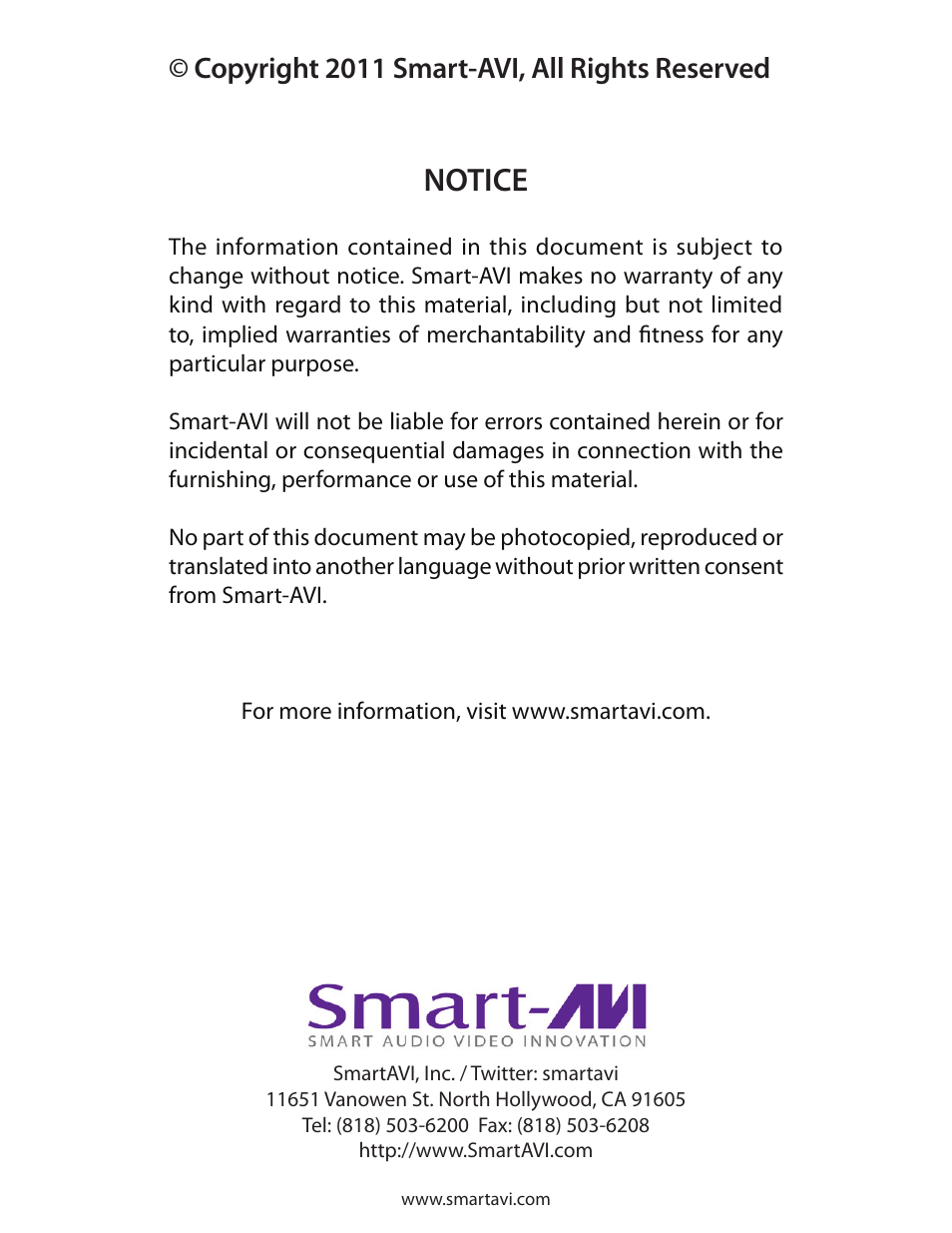 Notice, Copyright 2011 smart-avi, all rights reserved | Smart Avi SmartCommander User Manual | Page 4 / 4