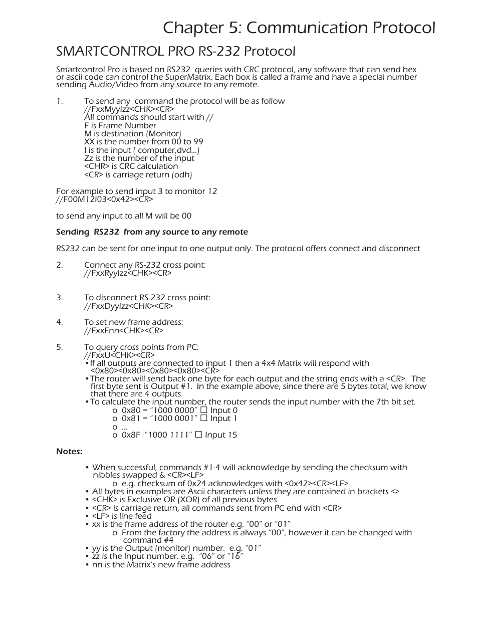 Chapter 5: communication protocol, Smartcontrol pro rs-232 protocol | Smart Avi SuperMatrix User Manual | Page 25 / 27