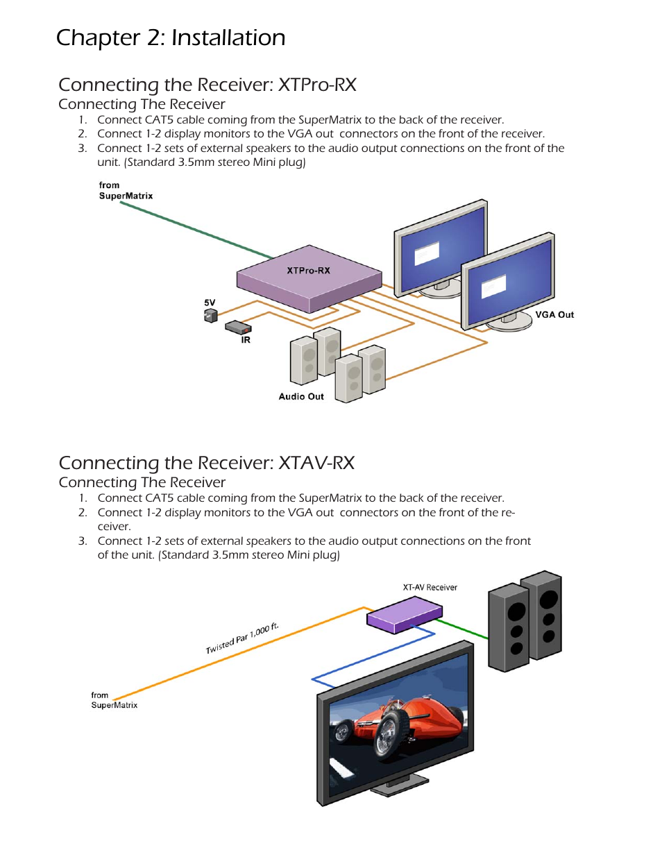 Chapter 2: installation, Connecting the receiver: xtpro-rx, Connecting the receiver: xtav-rx | Smart Avi SuperMatrix User Manual | Page 8 / 27