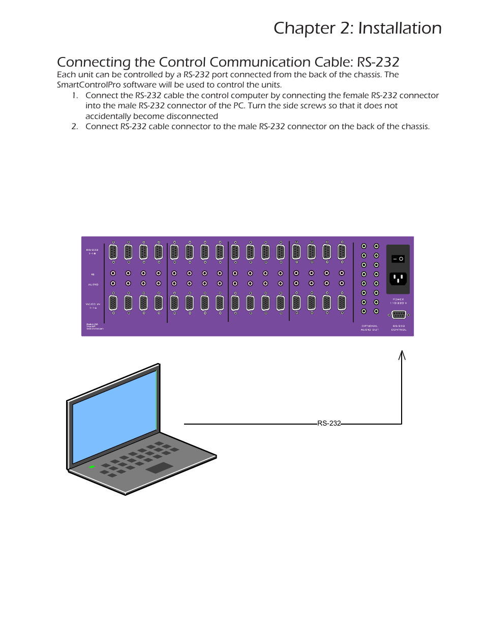 Chapter 2: installation, Connecting the control communication cable: rs-232 | Smart Avi SuperMatrix User Manual | Page 9 / 27
