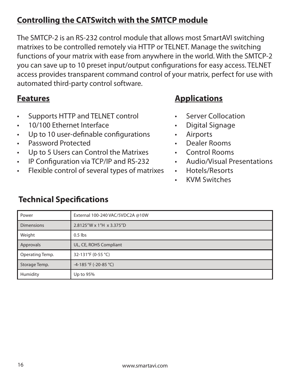 Controlling the catswitch with the smtcp module, Applications, Features | Technical specifications | Smart Avi CATSwitch User Manual | Page 16 / 32
