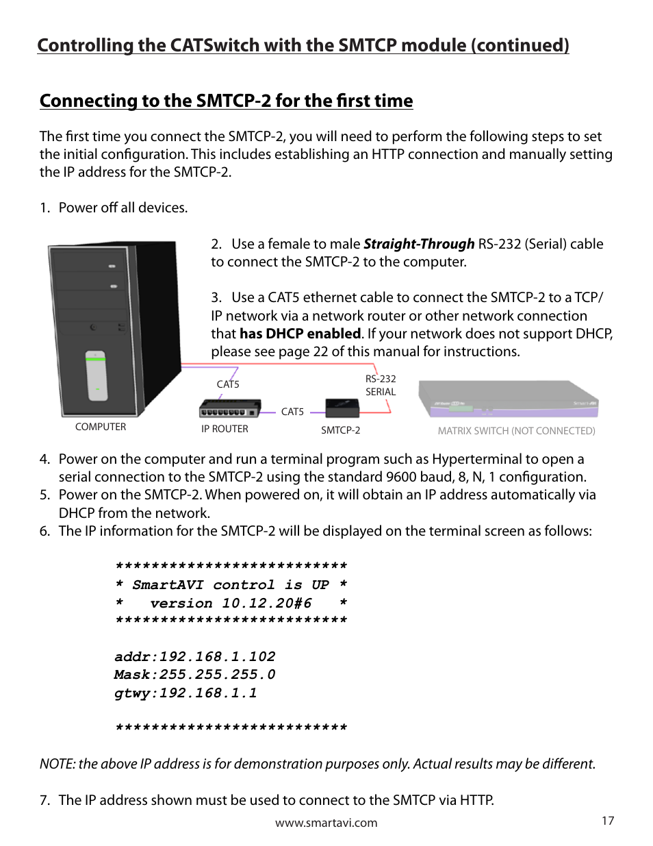 Connecting to the smtcp-2 for the first time | Smart Avi CATSwitch User Manual | Page 17 / 32