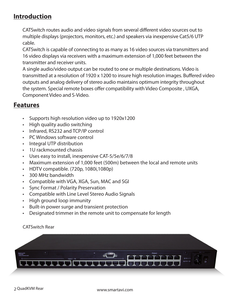 Introduction, Features | Smart Avi CATSwitch User Manual | Page 2 / 32