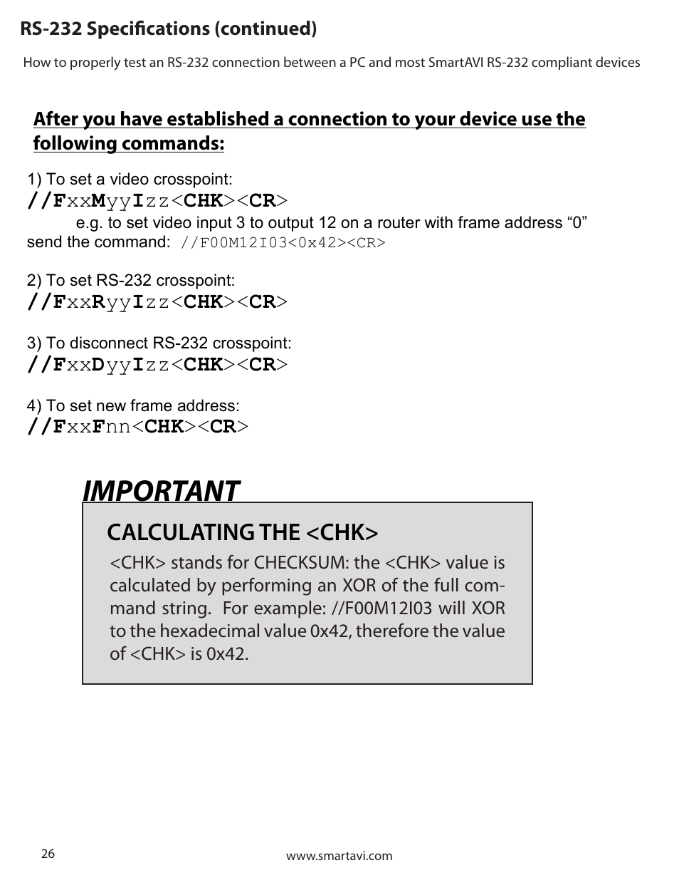 Important, Calculating the <chk, Rs-232 specifications (continued) | Smart Avi CATSwitch User Manual | Page 26 / 32