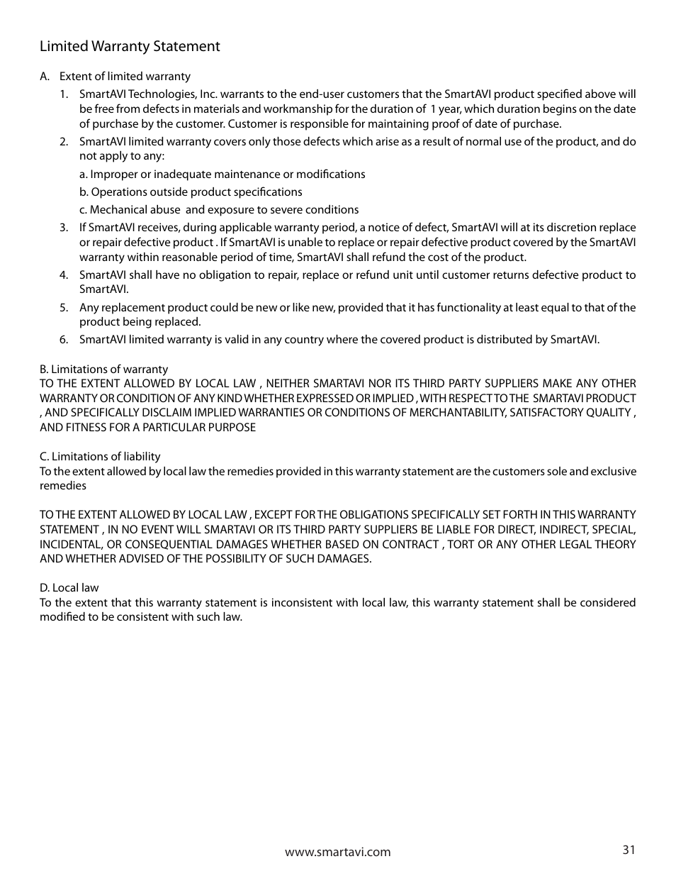 Limited warranty statement | Smart Avi CATSwitch User Manual | Page 31 / 32