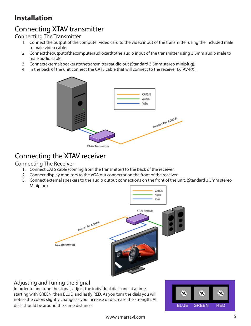 Installation connecting xtav transmitter, Connecting the xtav receiver | Smart Avi CATSwitch User Manual | Page 5 / 32