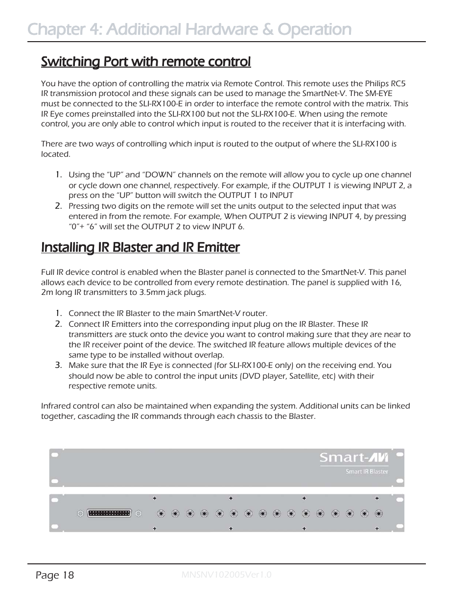 Chapter 4: additional hardware & operation, Switching port with remote control, Installing ir blaster and ir emitter | Smart Avi SmartNet-V User Manual | Page 18 / 32