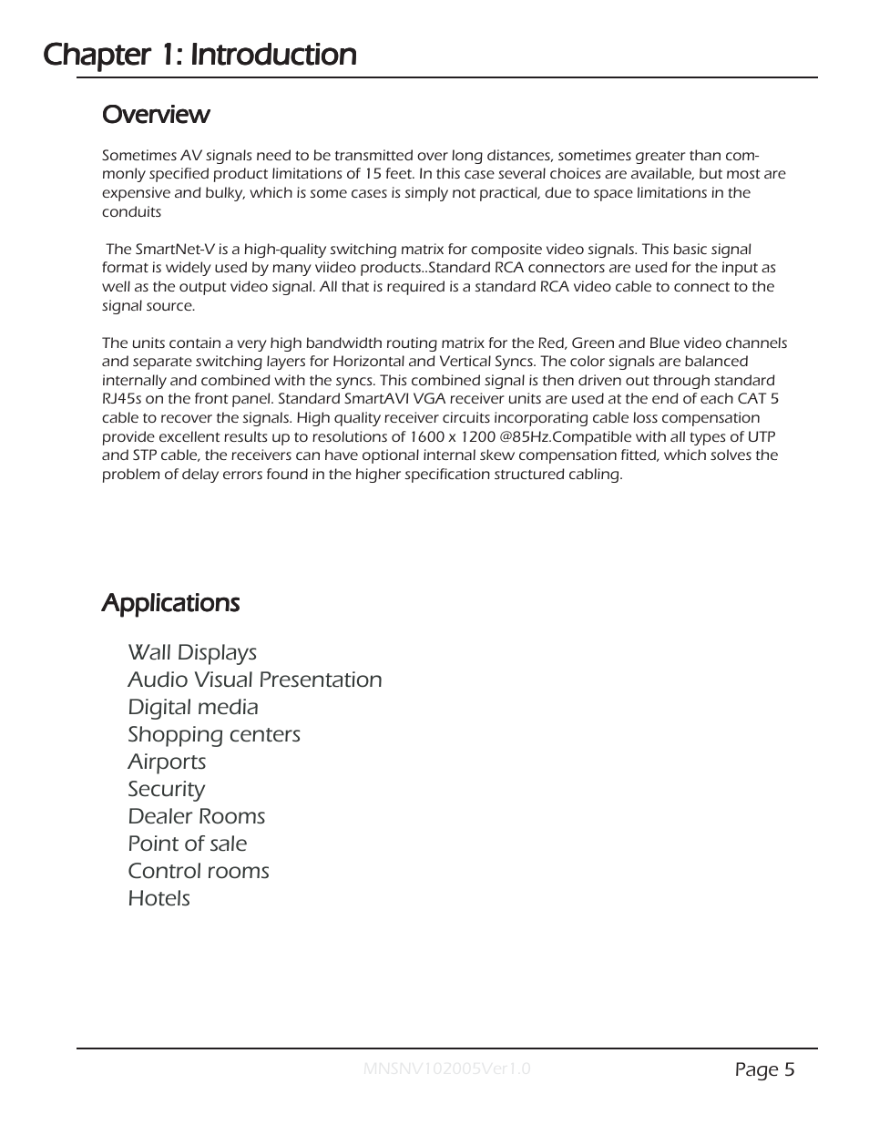 Chapter 1: introduction, Overview, Applications | Smart Avi SmartNet-V User Manual | Page 5 / 32
