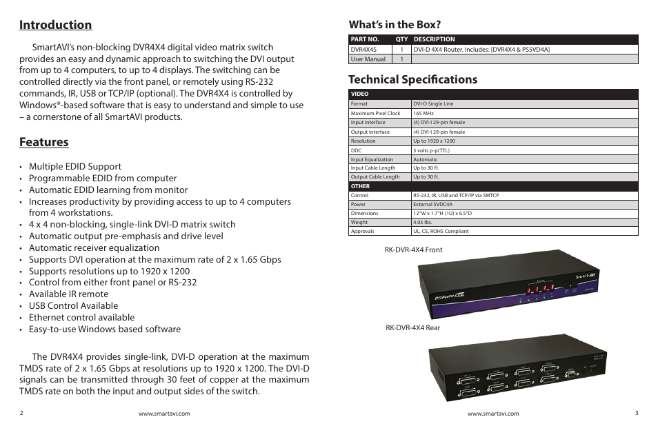 Introduction, Features, Technical specifications | What’s in the box | Smart Avi DVR 4X4 User Manual | Page 2 / 9