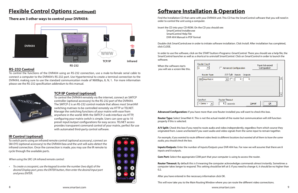 Software installation & operation, Flexible control options, Continued) | Rs-232 control, Ir control (optional) | Smart Avi DVR 4X4 User Manual | Page 5 / 9
