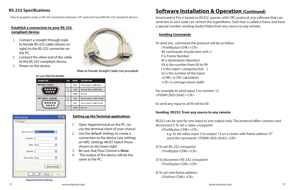 Software installation & operation, Continued), Rs-232 specifications | Smart Avi DVR 4X4 User Manual | Page 7 / 9