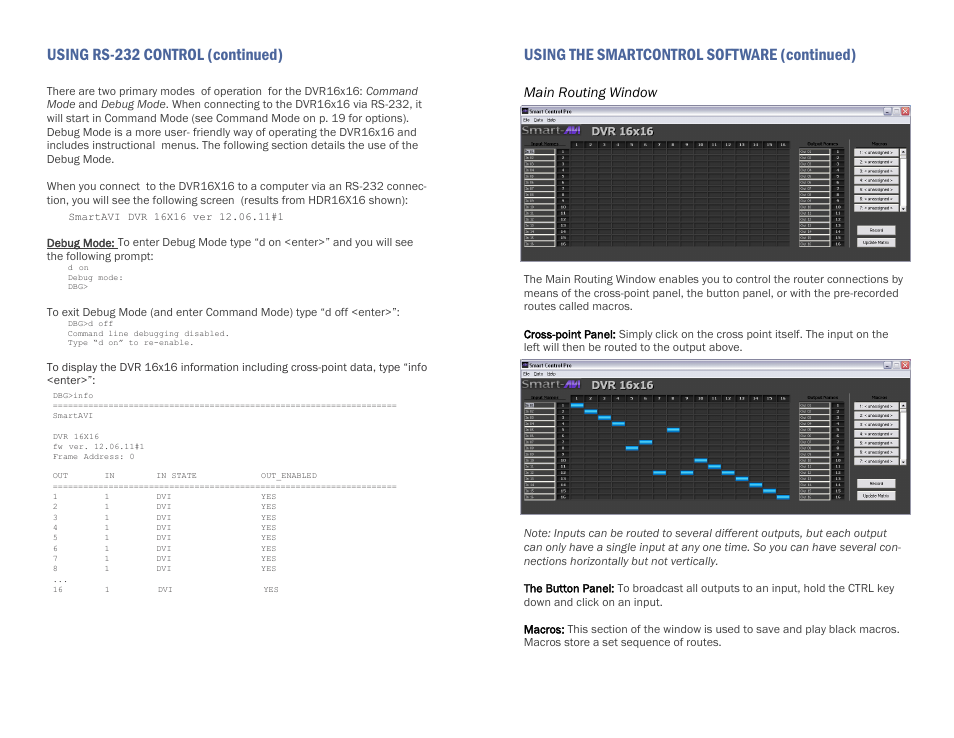 Using rs-232 control (continued), Using the smartcontrol software (continued), Main routing window | Smart Avi DVR16X16 User Manual | Page 11 / 12