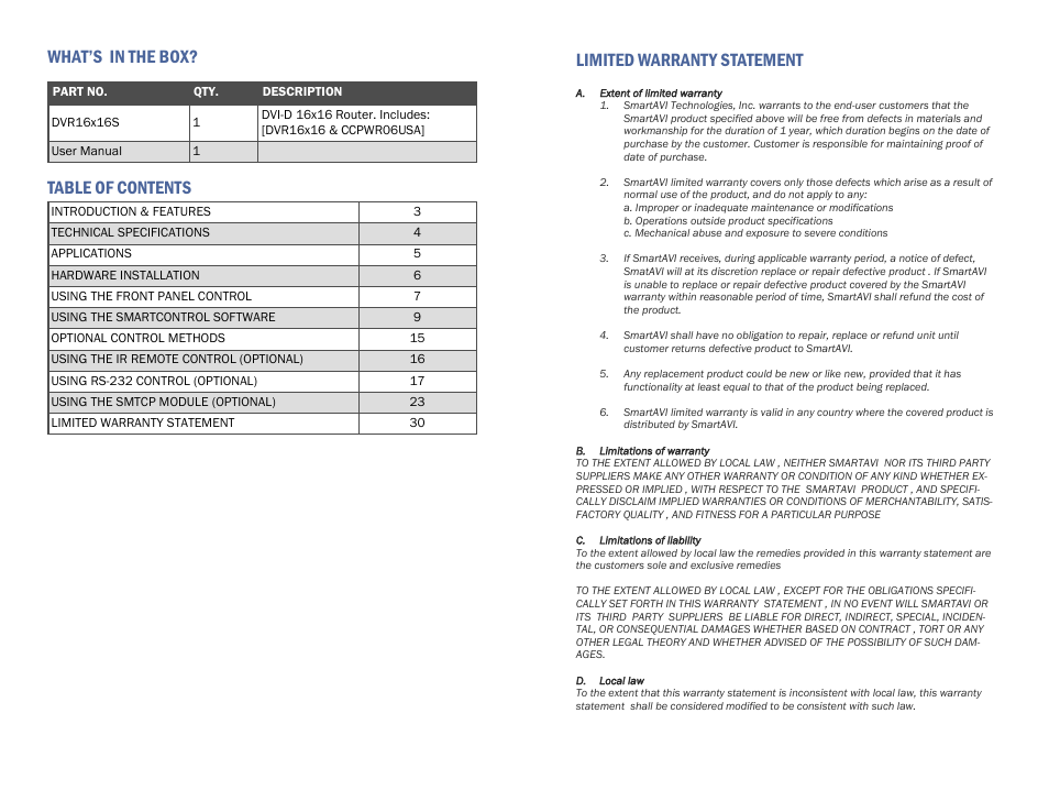 What’s in the box? table of contents, Limited warranty statement | Smart Avi DVR16X16 User Manual | Page 2 / 12