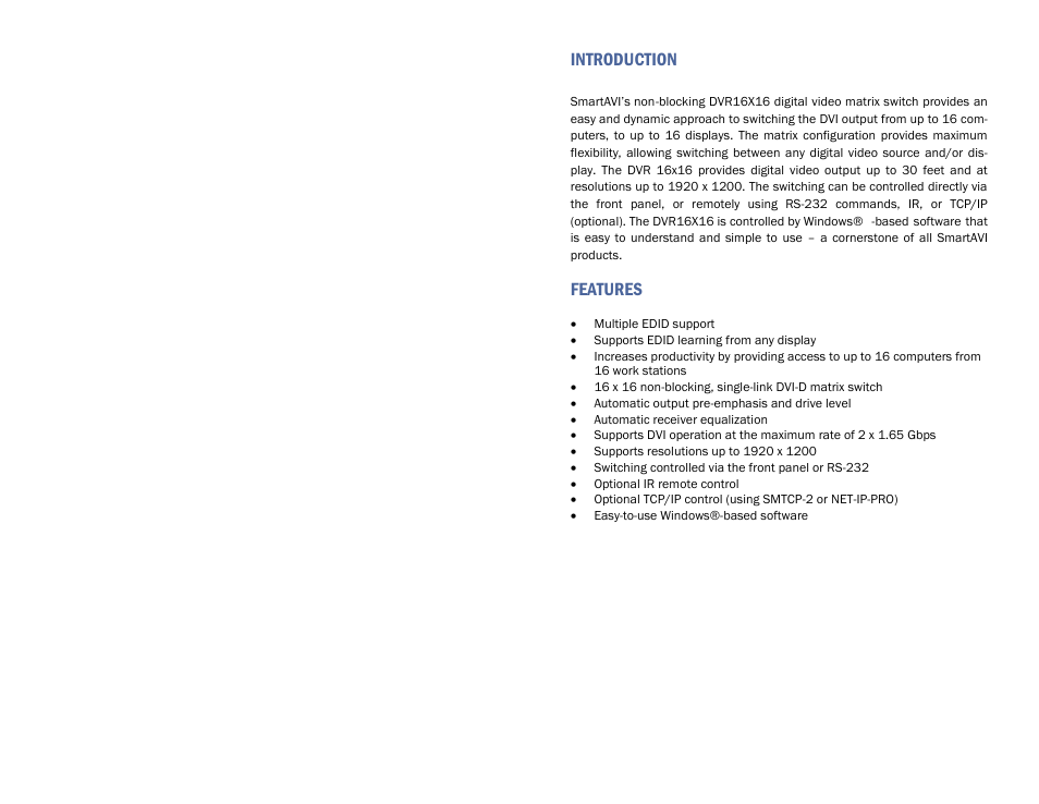 Introduction, Features | Smart Avi DVR16X16 User Manual | Page 3 / 12