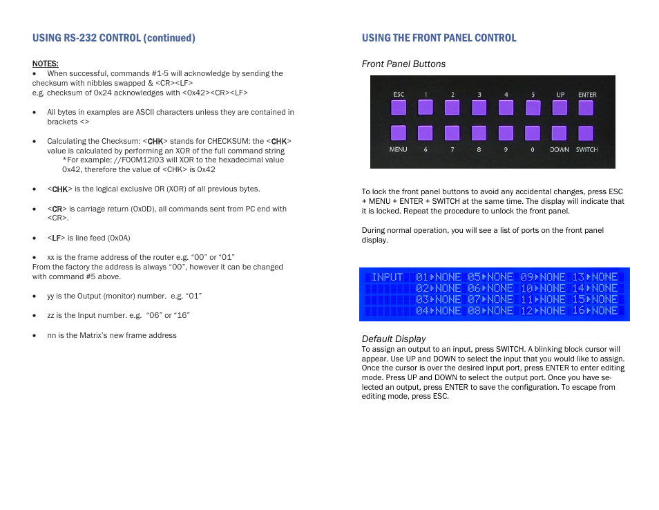 Using rs-232 control (continued), Using the front panel control | Smart Avi DVR16X16 User Manual | Page 7 / 12