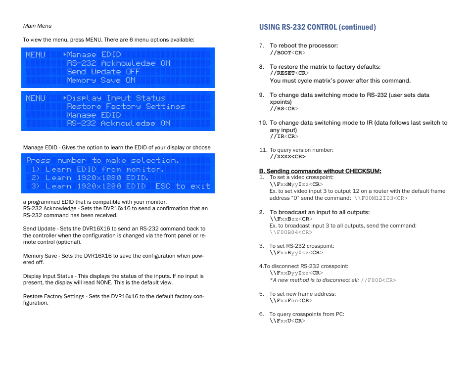 Using rs-232 control (continued) | Smart Avi DVR16X16 User Manual | Page 8 / 12