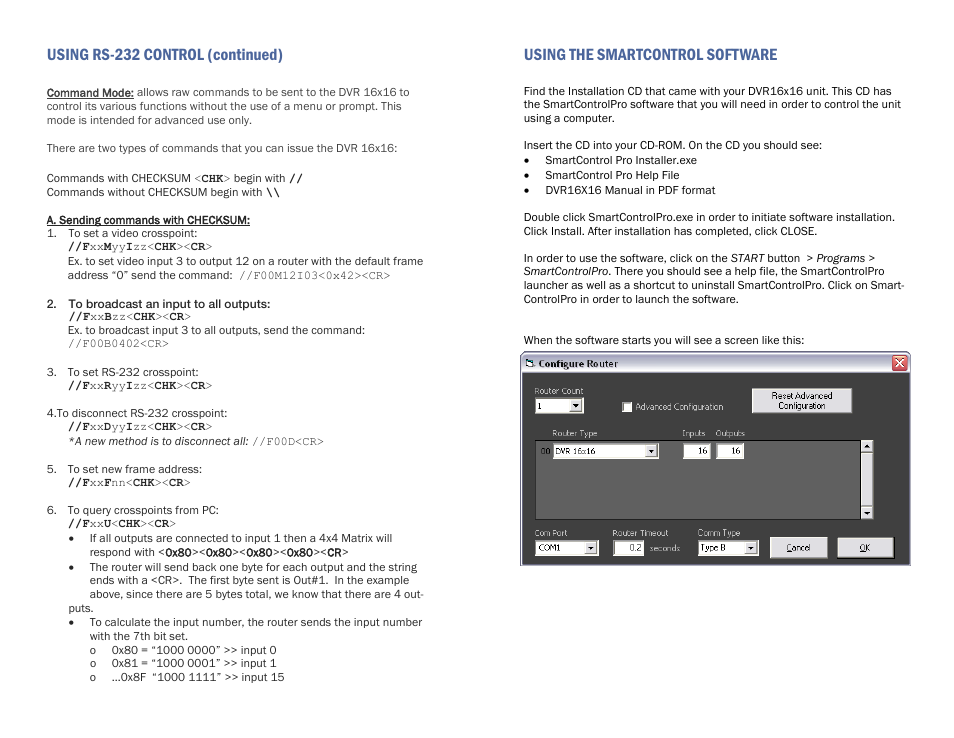 Using rs-232 control (continued), Using the smartcontrol software | Smart Avi DVR16X16 User Manual | Page 9 / 12