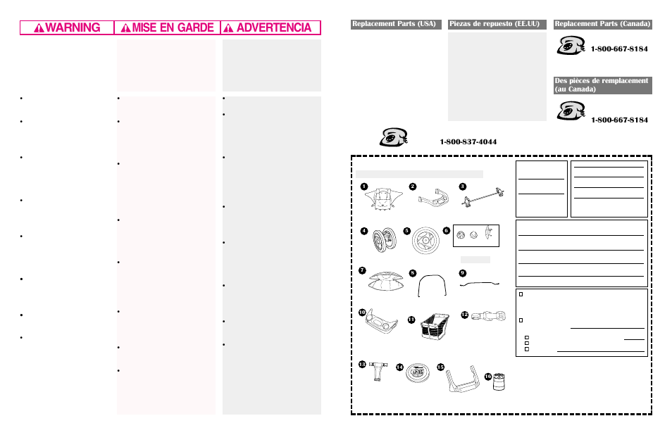 Warning advertencia mise en garde, Replacement parts (usa) piezas de repuesto (ee.uu), Replacement parts (canada) | Des pièces de remplacement (au canada) | Century 6965 User Manual | Page 15 / 15