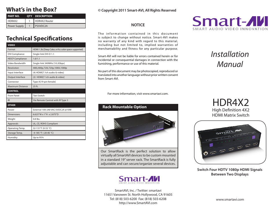Smart Avi HDR 4X2 User Manual | 2 pages