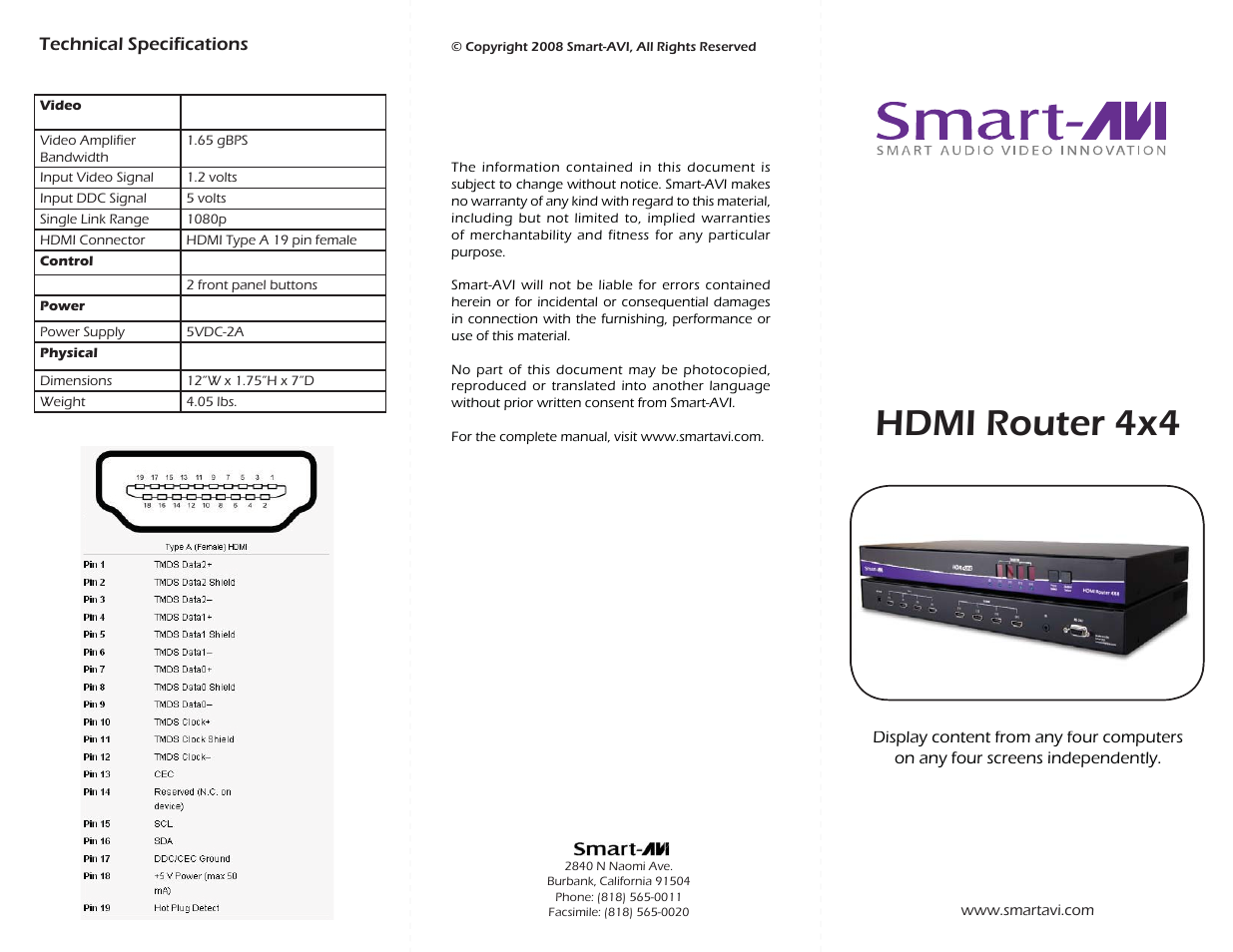 Smart Avi HDR 4X4 User Manual | 2 pages
