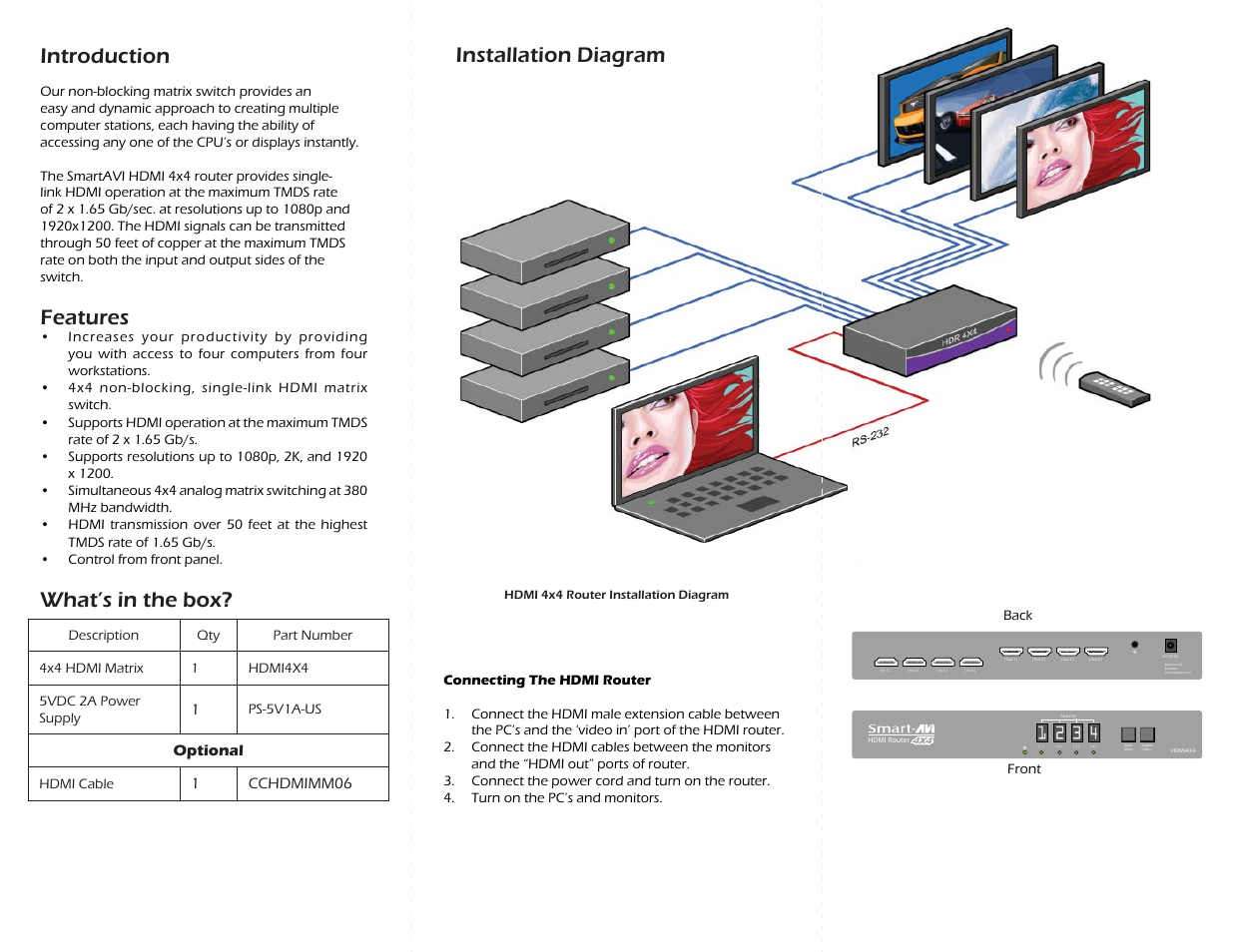 Introduction, Features, What’s in the box? installation diagram | Optional, 1cchdmimm06 | Smart Avi HDR 4X4 User Manual | Page 2 / 2